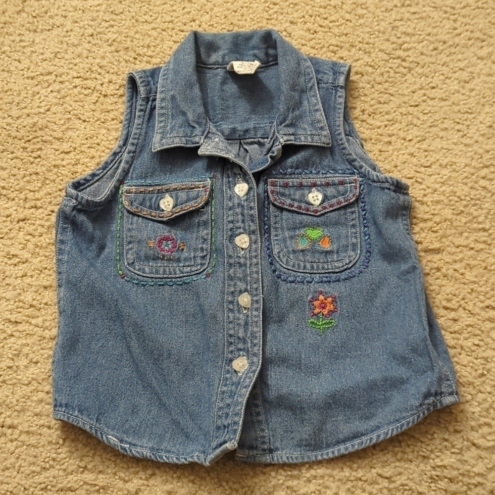 Gap Baby Gap Colorful Embroidery Floral Heart Buttons Soft Denim Vest 6-12 Month